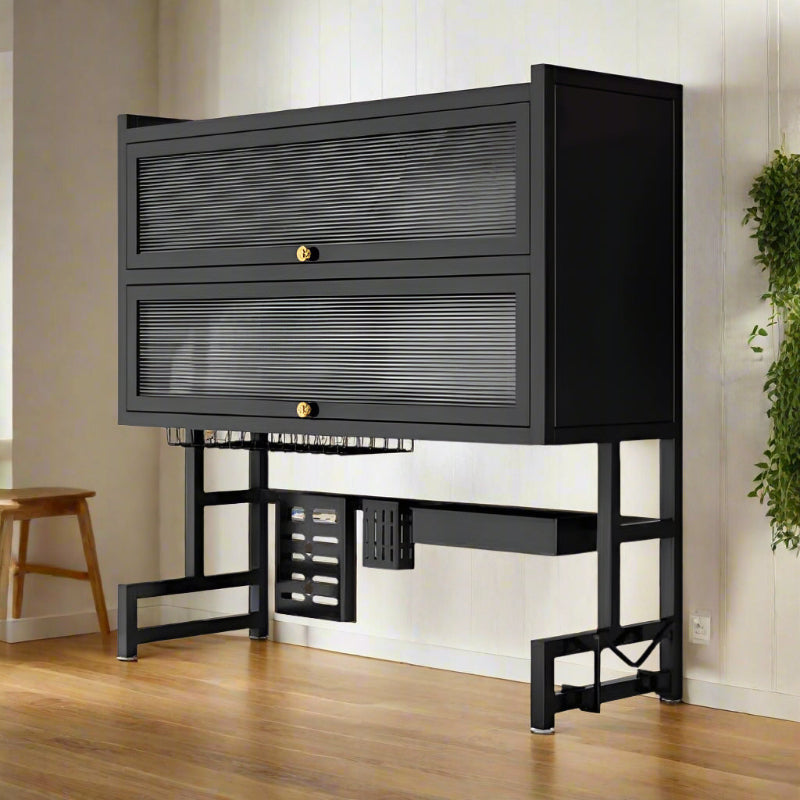 Double-Layer Kitchen Dish Rack with Cabinet Doors, Dust-Proof Dish Drying Organizer for Sink & Countertop, Multi-Functional Storage with Built-In Drainage System