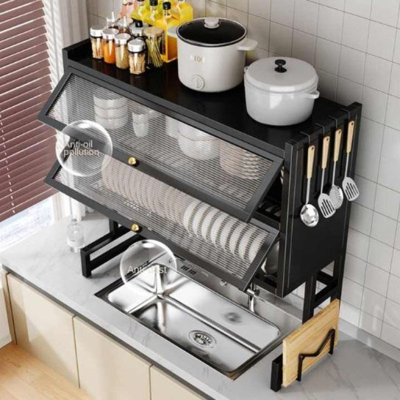 Double-Layer Kitchen Dish Rack with Cabinet Doors, Dust-Proof Dish Drying Organizer for Sink & Countertop, Multi-Functional Storage with Built-In Drainage System