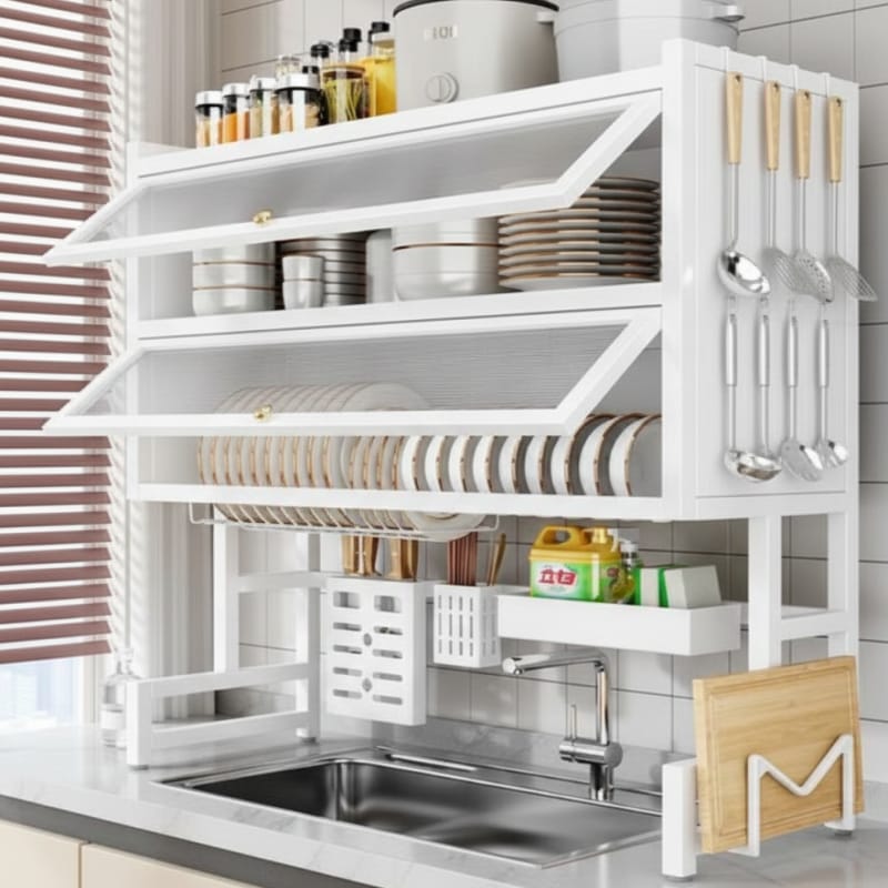 Double-Layer Kitchen Dish Rack with Cabinet Doors, Dust-Proof Dish Drying Organizer for Sink & Countertop, Multi-Functional Storage with Built-In Drainage System