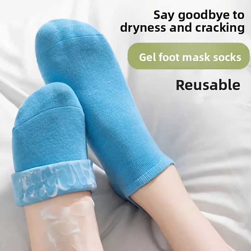 Soft Gel Moisturizing Foot Care Socks with Gel Mask Sleeves & Relaxing Massage Stick – Spa Kit for Dry Feet & Cracked Heels | Reusable Heel Protector Socks for Men & Women