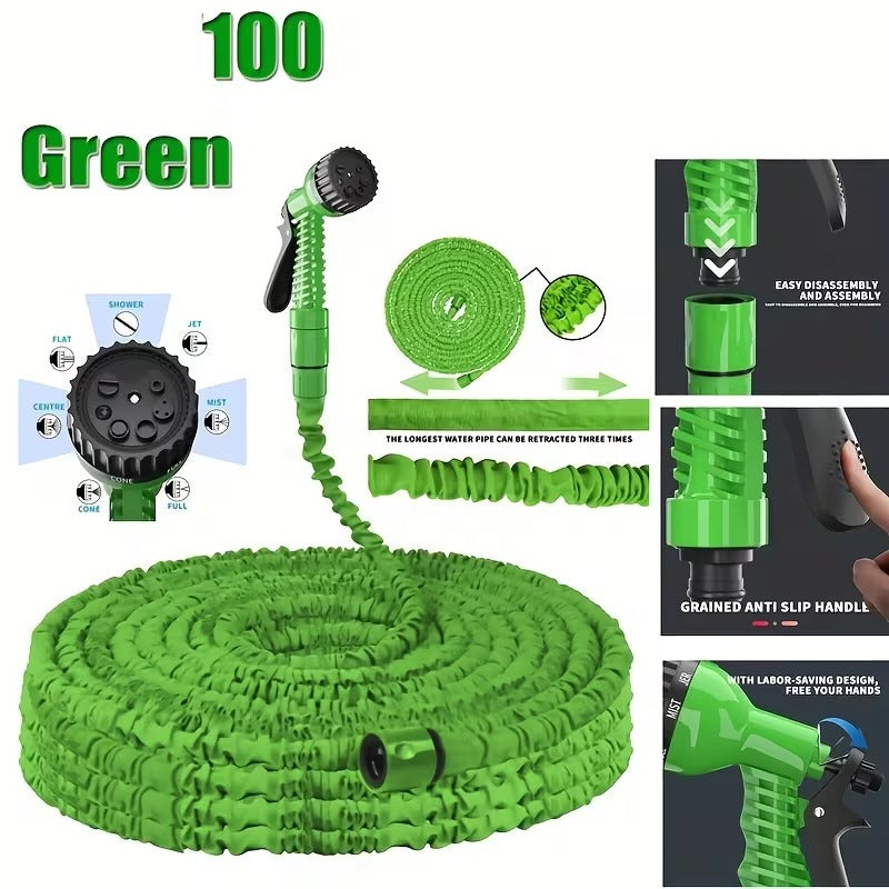Expandable Garden Hose with 7-in-1 Adjustable High Pressure Nozzle, 7.62-60.96meter Retractable Water Hose for Car Washing, Plant Care, Lawn Irrigation, Green Flexible Hose with Connector