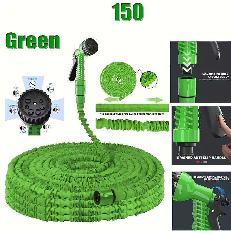 Expandable Garden Hose with 7-in-1 Adjustable High Pressure Nozzle, 7.62-60.96meter Retractable Water Hose for Car Washing, Plant Care, Lawn Irrigation, Green Flexible Hose with Connector