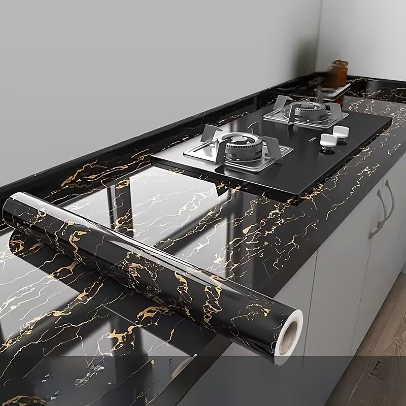 Glossy Black Marble Sticker PVC Self Adhesive Marble Wallpaper Peel And Stick Removable for Kitchen Cabinet