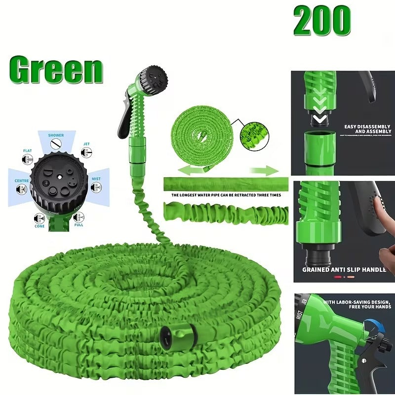 Expandable Garden Hose with 7-in-1 Adjustable High Pressure Nozzle, 7.62-60.96meter Retractable Water Hose for Car Washing, Plant Care, Lawn Irrigation, Green Flexible Hose with Connector