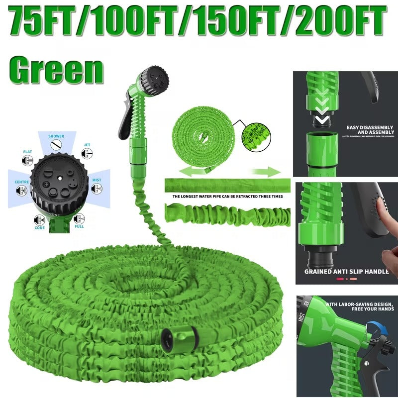 Expandable Garden Hose with 7-in-1 Adjustable High Pressure Nozzle, 7.62-60.96meter Retractable Water Hose for Car Washing, Plant Care, Lawn Irrigation, Green Flexible Hose with Connector