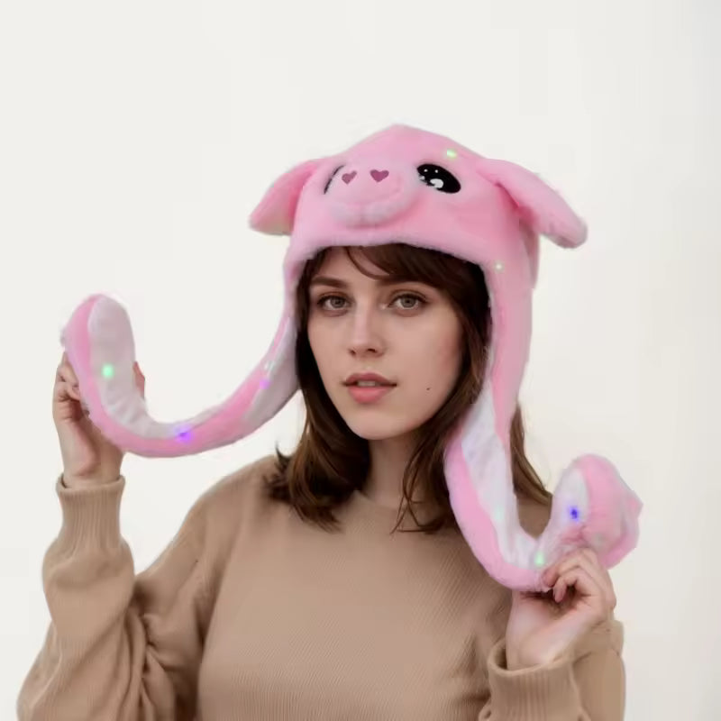 Jumping Rabbit Hat Plush Ear Funny Glowing Ear Moving Bunny Hat Cosplay Halloween Christmas Party Hat 5-18 Years and Adult
