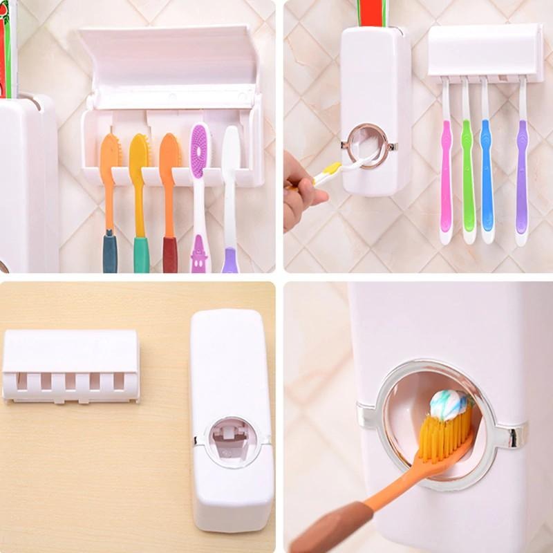 Manual Toothpaste Dispenser, Washroom Accessories, Toothbrush holder, Wall mounted toothpaste dispenser & 5 toothbrush holder set, White Automatic Toothpaste Dispenser and Brush Holder Set, Toothpaste holder, Toothpaste