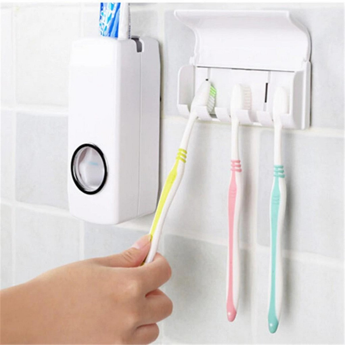 Manual Toothpaste Dispenser, Washroom Accessories, Toothbrush holder, Wall mounted toothpaste dispenser & 5 toothbrush holder set, White Automatic Toothpaste Dispenser and Brush Holder Set, Toothpaste holder, Toothpaste