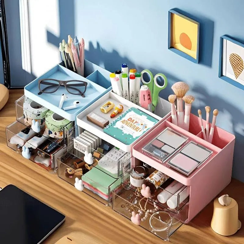 Small Desk Organizer With Drawer, Office Desktop Storage Box, Makeup Organizer, Business Card/Pen/Pencil/Mobile Phone/Stationery