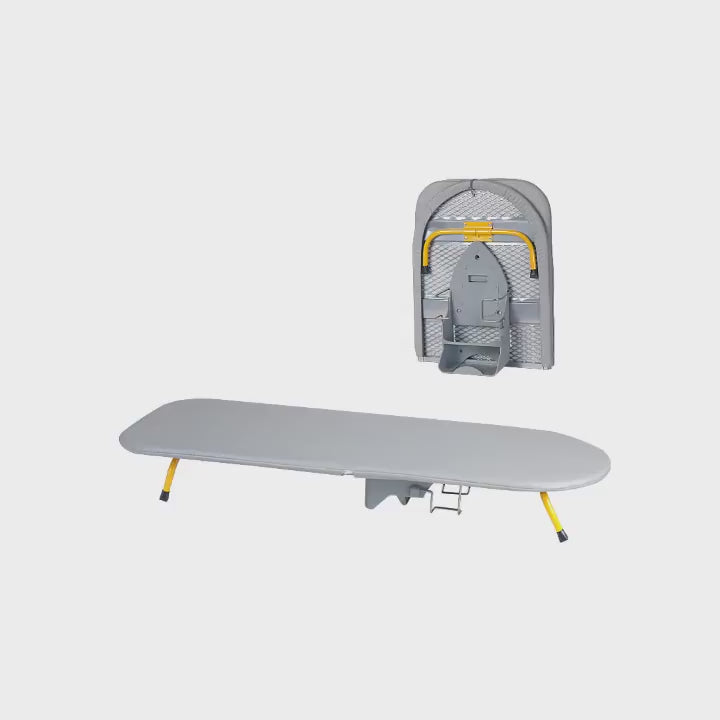 Folding desktop ironing board, wall-mounted steel mesh with iron stand, space saving, convenient laundry hooks