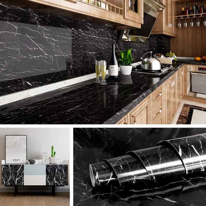 Glossy Black Marble Sticker PVC Self Adhesive Marble Wallpaper Peel And Stick Removable for Kitchen Cabinet