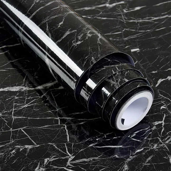 Glossy Black Marble Sticker PVC Self Adhesive Marble Wallpaper Peel And Stick Removable for Kitchen Cabinet