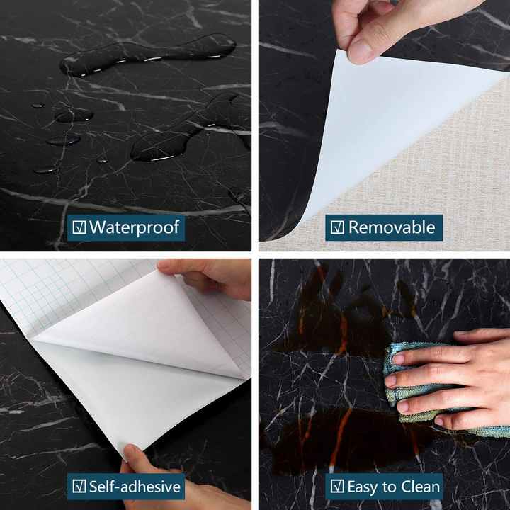 Glossy Black Marble Sticker PVC Self Adhesive Marble Wallpaper Peel And Stick Removable for Kitchen Cabinet