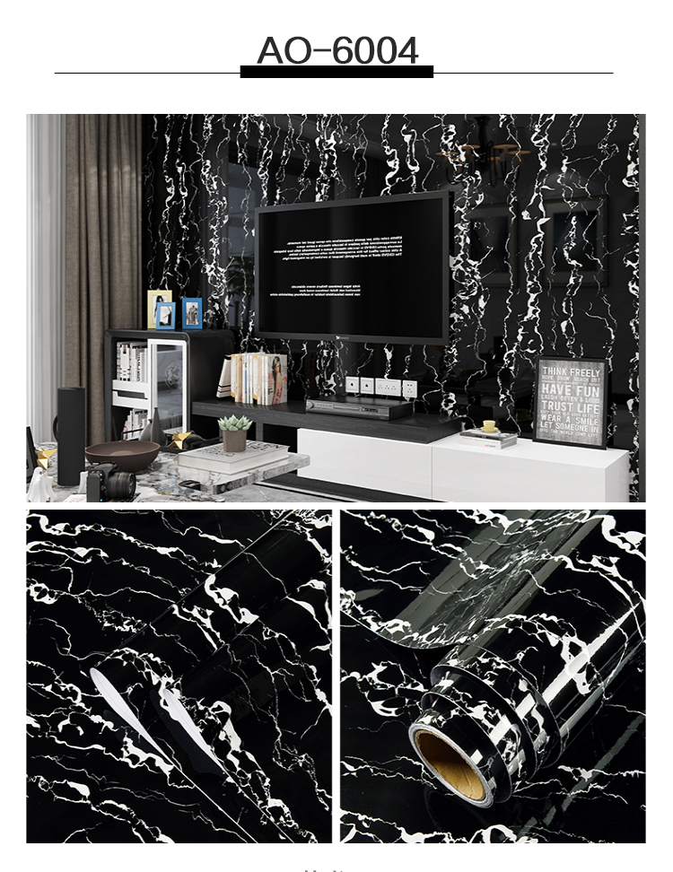 Glossy Black Marble Sticker PVC Self Adhesive Marble Wallpaper Peel And Stick Removable for Kitchen Cabinet