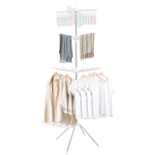 3-Tier Clothes Drying Rack Collapsible Laundry Drying Rack with Rotatable Arms 24 Clips Large Clothes Drying Tree for Balcony